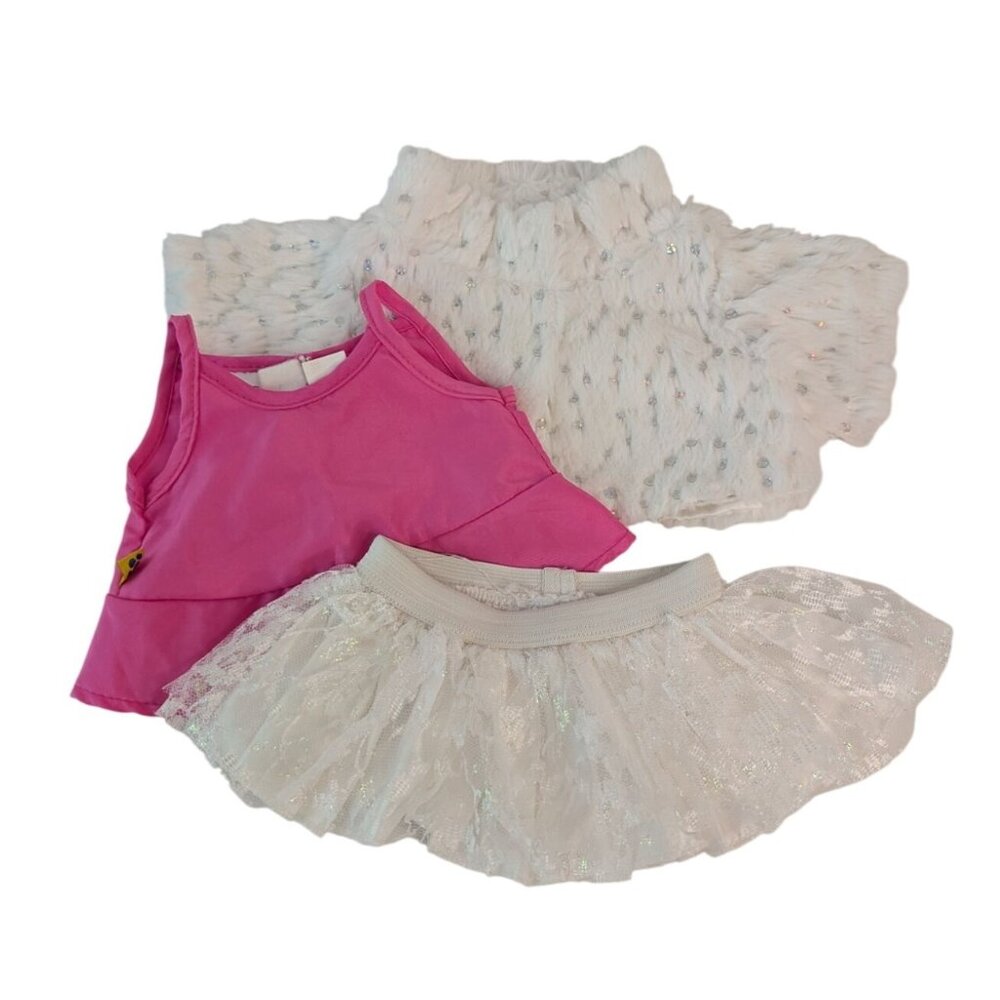 Build-A-Bear‎ Clothes Pink Top White Lace Skirt Faux Fur Jacket Sequins Outfit